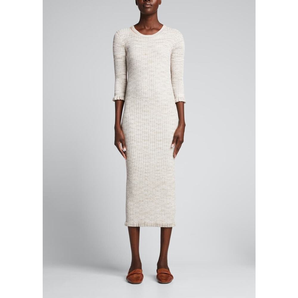 Veronica Beard tan speckled Viscose Midi ruffle hem bodycon Richie Knit Dress XL